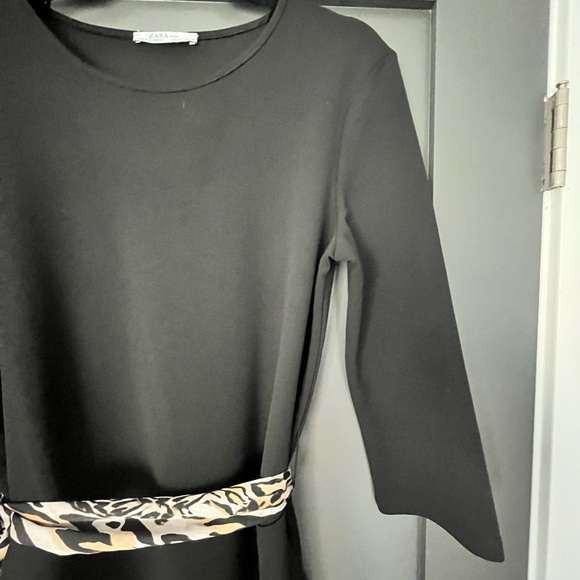 Zara black dress, mid sleeve, leopard belt, comes to knee, pockets - Picture 3 of 7